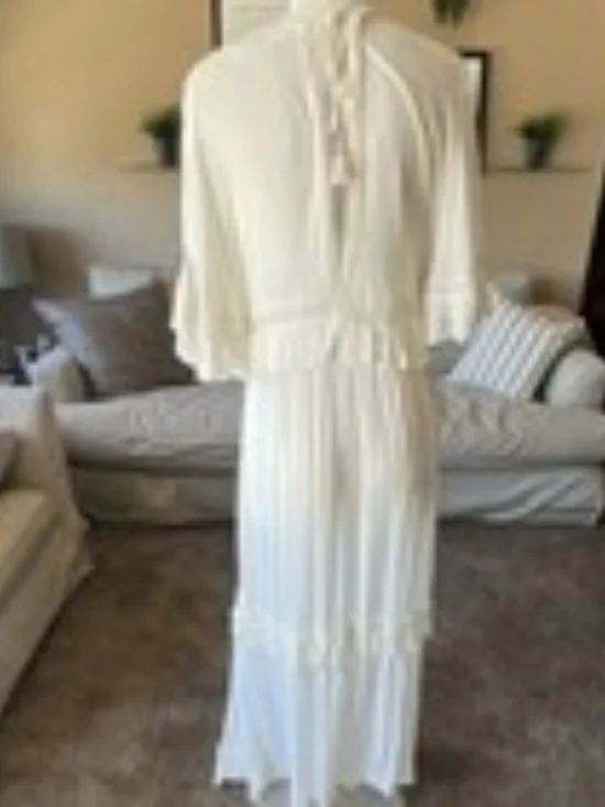 Free People White Lace Ruffle Button Maxi Dress V-Neck Cape Sleeve Size XS - Picture 7 of 10